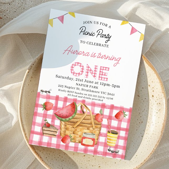 Convite Primeiro aniversario de Piquenique Gingham Bunting (Pink Gingham Picnic Party 1st Birthday Invitation, Picnic First Birthday Invite, Picnic Basket )