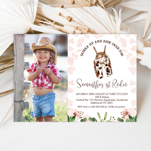 Convite Primeiro aniversario de primeiro rodeio ocidental, (First Rodeo 1st Birthday Invitation Baby Girls, Pink Western First Rodeo Birthday Invitation Photo)