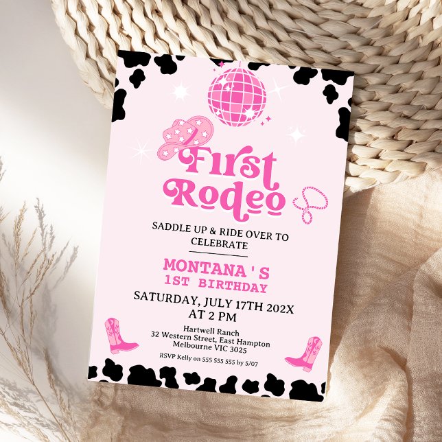 Convite Primeiro aniversario de primeiro rodeio preto retr (Girls First Rodeo Invitation Cowgirl Birthday Invite Cowgirl 1st Rodeo Southwestern Ranch Wild West )