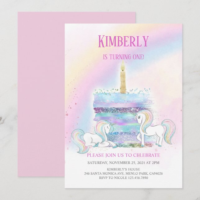 Convite Primeiro aniversario de Princesa Rosa Unicorn, Cas (Frente/Verso)
