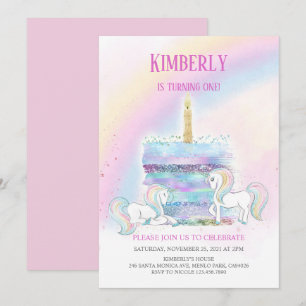 Convite Primeiro aniversario de Princesa Rosa Unicorn, Cas