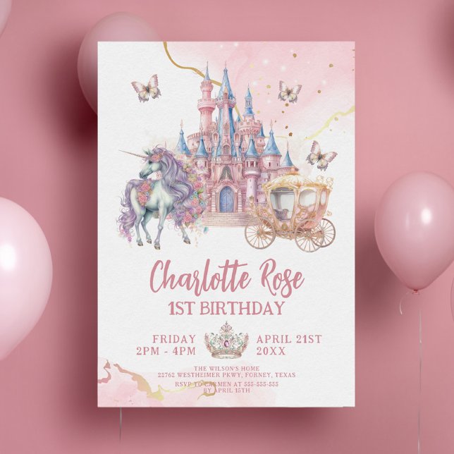 Convite Primeiro aniversario de Princesa Rosa Unicorn, Cas (Criador carregado)