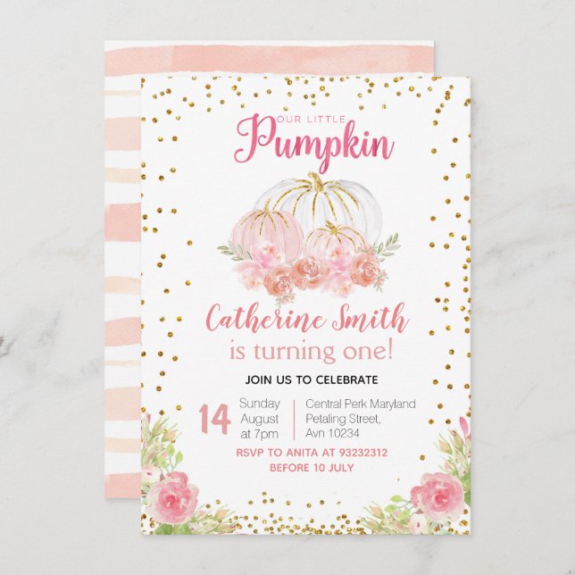 Convite primeiro aniversario de Pumpkin Dourado Rosa Doura (Frente/Verso)