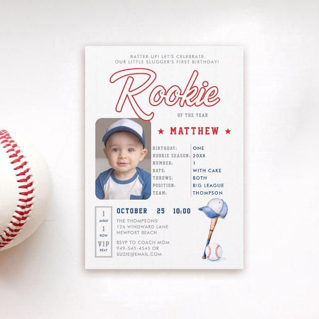 Convite Primeiro aniversario de Rapaz Fotográfico Divertid (rookie of the year 1st birthday invite boy baseball theme sports player stats card ticket blue red)
