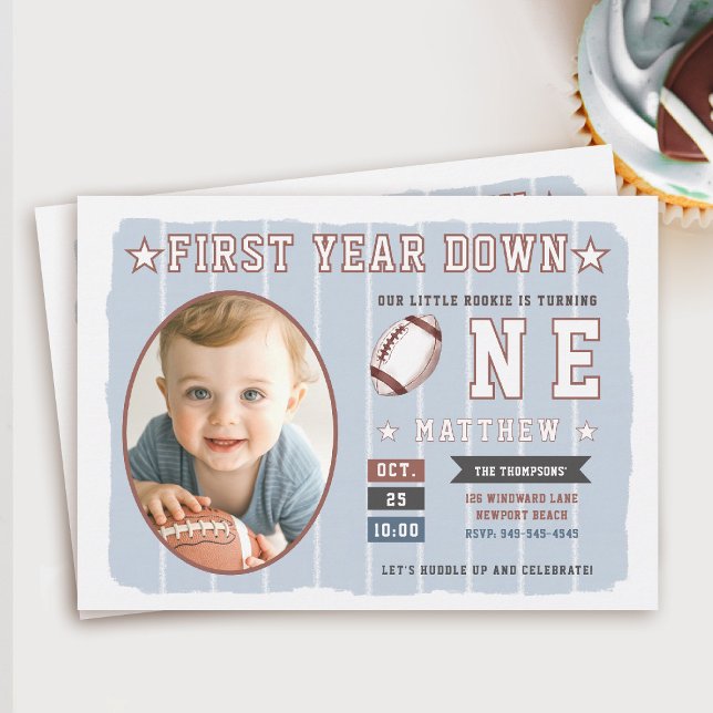 Convite Primeiro aniversario de Rapazes com Strips Azuis D (first year down football birthday invitation photo sports boy blue white stripes 1st party invite)
