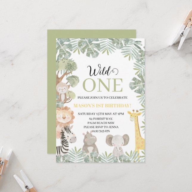 Convite Primeiro aniversario de Rapazes Safari Selvagens T (Frente/Verso In Situ)