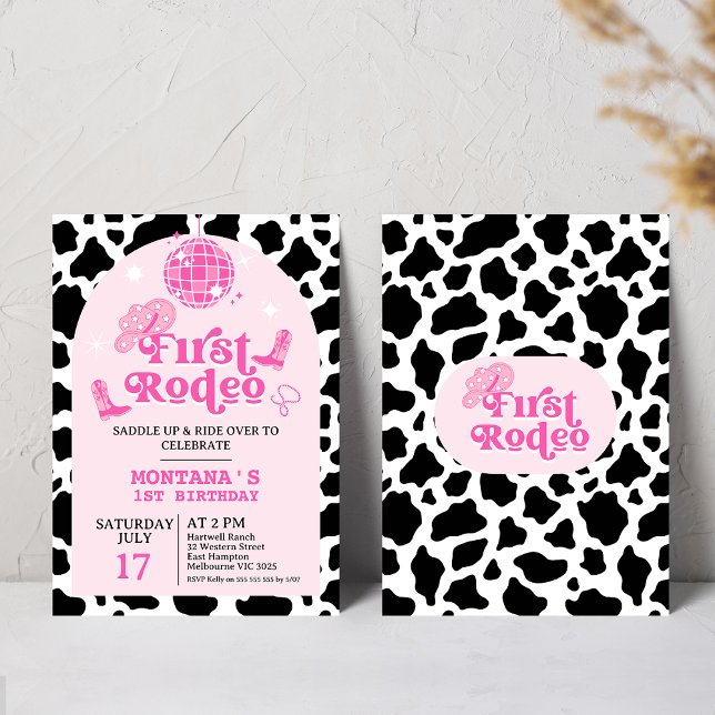 Convite Primeiro aniversario de Rodeio Moderno Retron Rosa (Girls First Rodeo 1st Birthday Invitation, Editable Cowgirl Wild West Cowgirl 1st Rodeo Southwestern)