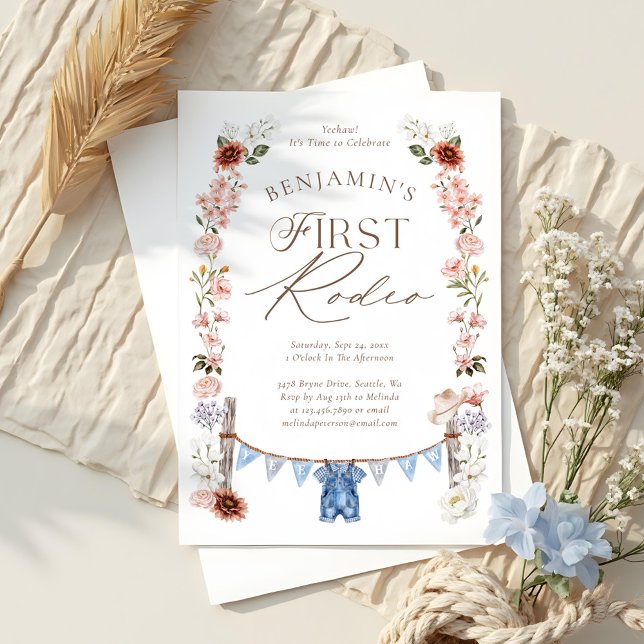 Convite Primeiro aniversario de Rodeio Selvagem Oeste (Wild West Little Cowboy First Rodeo 1st Birthday Invitation)