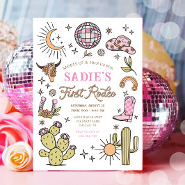 Convite Primeiro aniversário de Rodeo Cowboy Wild West Gir