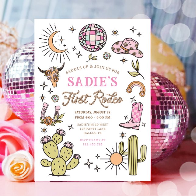 Convite Primeiro aniversário de Rodeo Cowboy Wild West Gir (Criador carregado)