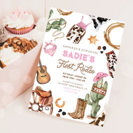Convite Primeiro aniversário de Rodeo Cowboy Wild West Gir
