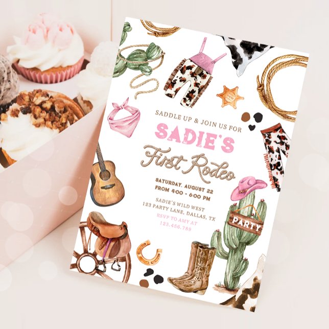 Convite Primeiro aniversário de Rodeo Cowboy Wild West Gir (Criador carregado)