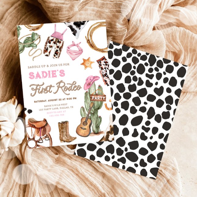 Convite Primeiro aniversário de Rodeo Cowboy Wild West Gir (Criador carregado)