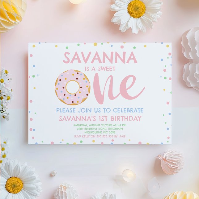Convite Primeiro aniversario de Rosquinha doce de Pastel r (Sweet One 1st Birthday Invitation For Baby Girl, Donut 1st Birthday Invitation Template,
Modern 
)