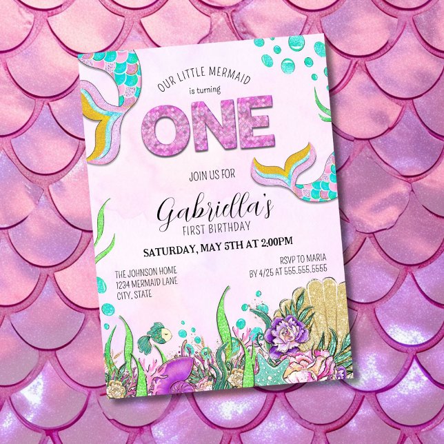 Convite Primeiro aniversario de Sereia Rosa (Criador carregado)