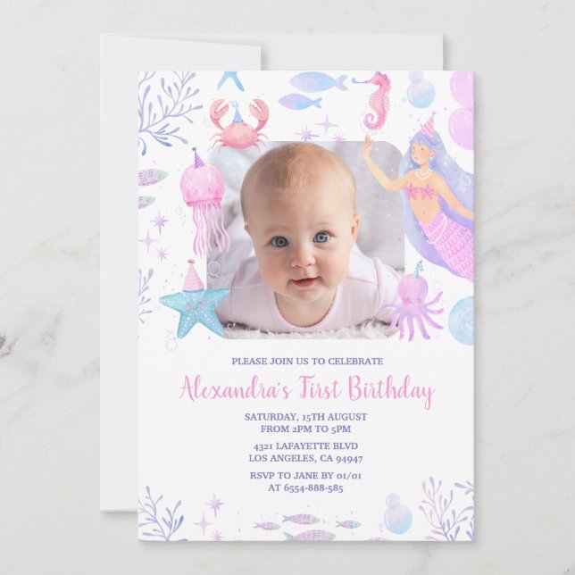 Convite Primeiro aniversario de Sereia sob a Foto do Mar (Frente)