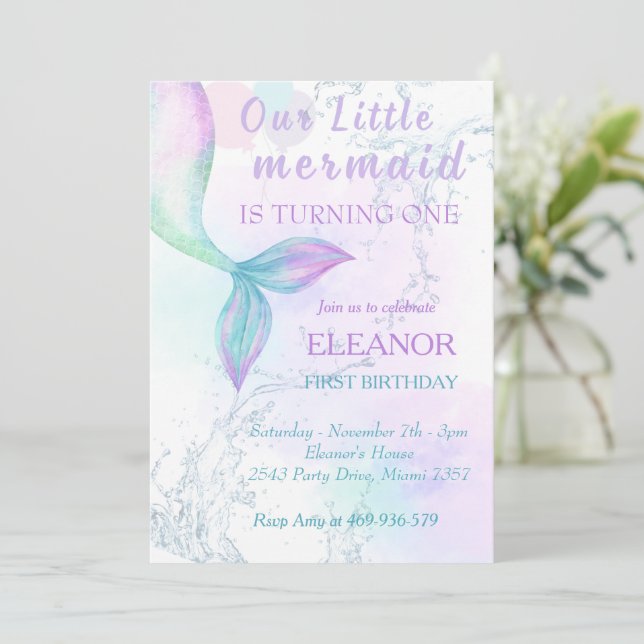 Convite Primeiro aniversario De Sereia Sob O Partido Da Se (Em pé/Frente)