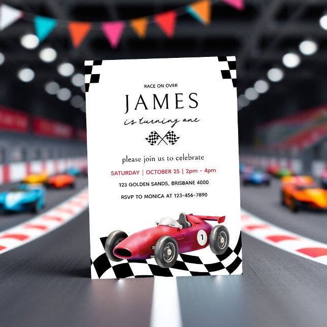 Convite Primeiro aniversario de Sinalizadores Verificados  (Race Car Birthday Invitation – Boys Racing Party Invite with Red Car & Checkered Flags)