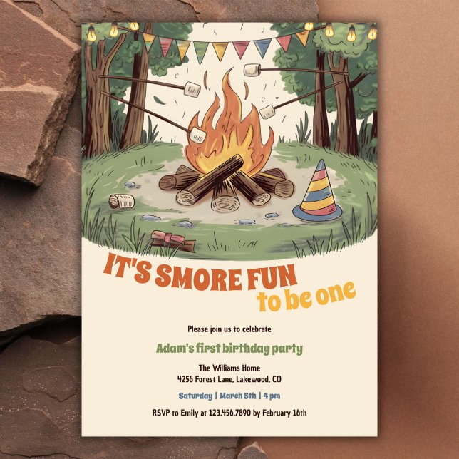 Convite Primeiro aniversario de Smores do Fundo Russo de B (Watercolor Rustic Bonfire Camping Themed Fun Smores 1st Birthday Invitation)