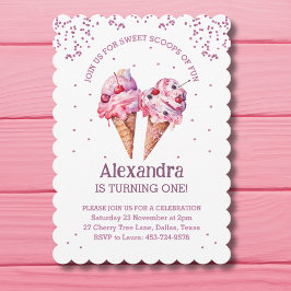 Convite Primeiro aniversario de Sorvete Rosa Glitter Girl