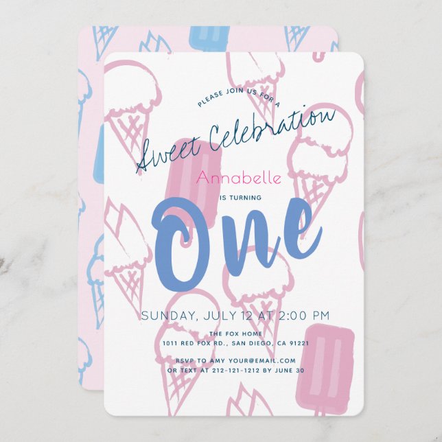 Convite Primeiro aniversario de Sorvete Rosa Pastel (Frente/Verso)