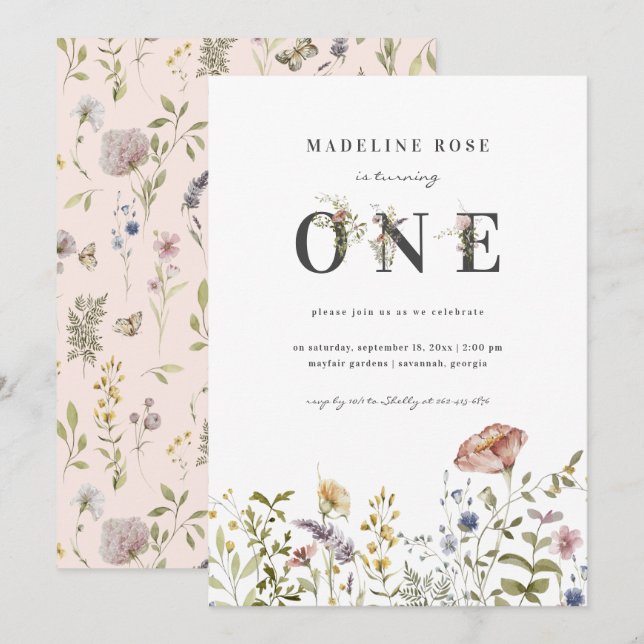 Convite Primeiro aniversario de Tema de Flor Selvagem (Frente/Verso)