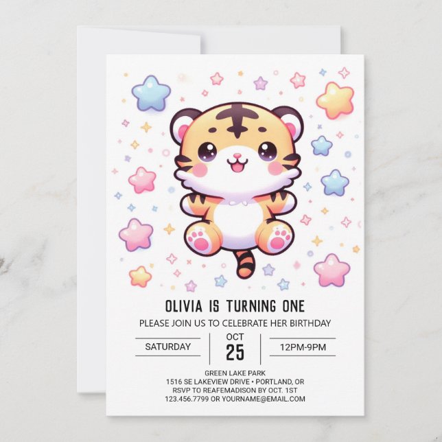 Convite Primeiro aniversario de Tigre Moderno Cute (Frente)