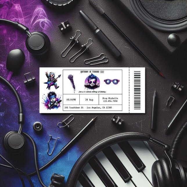 Convite primeiro aniversario De Tíquete Do legal Rock On M (Cool Rock On Music Concert Ticket 1st Birthday Invitation)