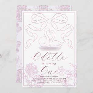 Convite Primeiro aniversario de Toile de Jouy Rosa Swan