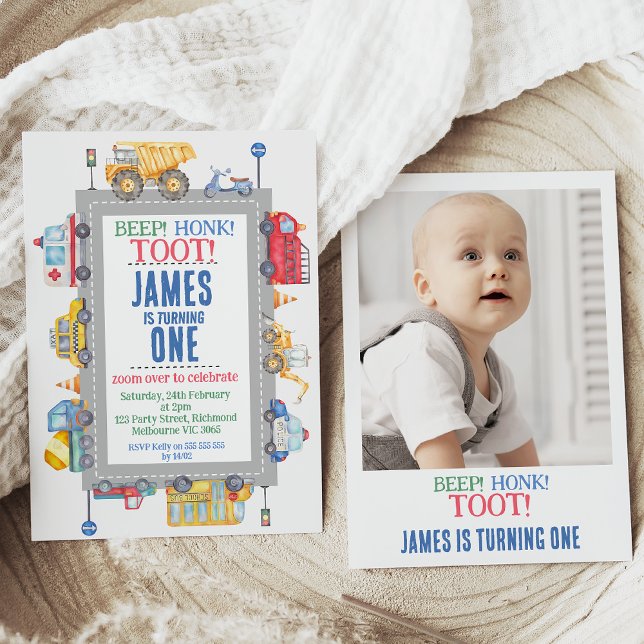 Convite Primeiro aniversario de Transporte Rodoviário de F (Cute transport themed boy's first birthday invitation featuring various vehicles and photo on back.)