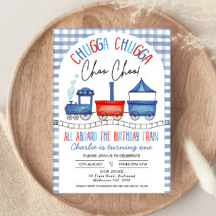 Convite Primeiro aniversario de trem Red Blue Gingham Chug