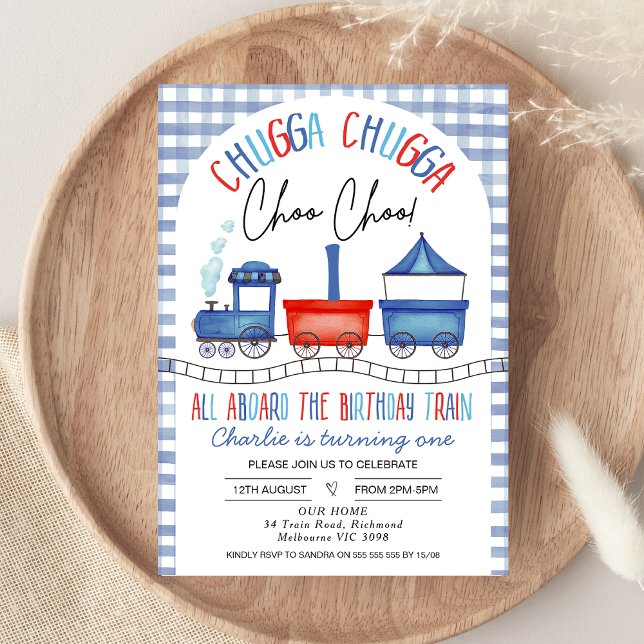 Convite Primeiro aniversario de trem Red Blue Gingham Chug (Boys Train 1st Birthday Invitation, Blue Red Train First Birthday Invitation, Chugga Chugga Train)