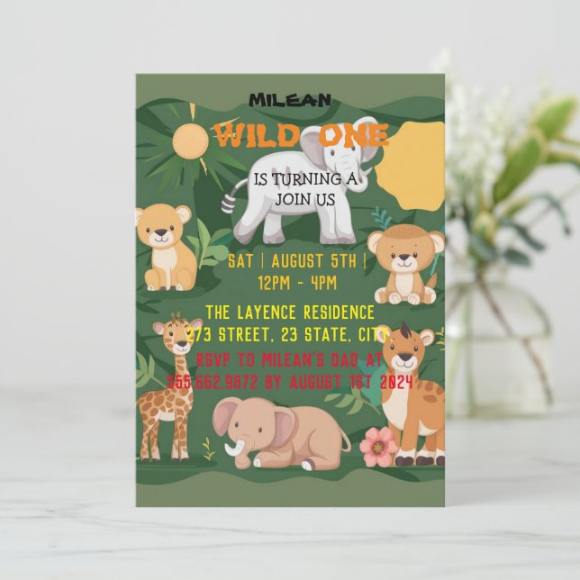 Convite Primeiro aniversario de um menino Selva Animal Sel (Em pé/Frente)