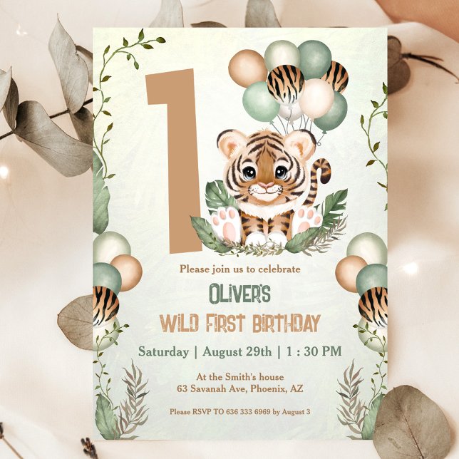 Convite Primeiro aniversario de Um Menino Selvagem, Cubo D (Cute Tiger Safari 1st Birthday Invitation)