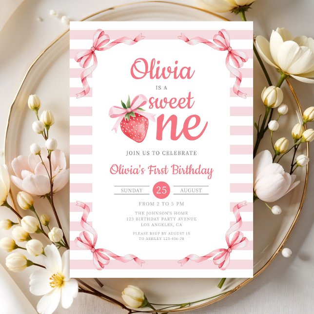 Convite Primeiro aniversario de uma garota de morango doce (Sweet One Strawberry Girl 1st Birthday Invitation)