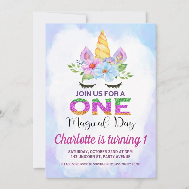 Convite Primeiro aniversario de Unicórnio Mágico de Aquare (Frente)