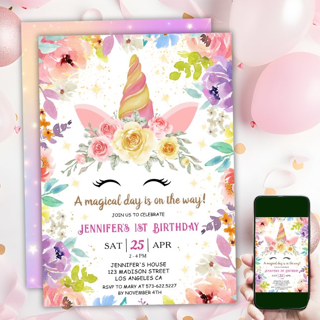 Convite Primeiro aniversario de Unicórnio Rosa, Arco-Íris  (#UnicornBirthdayInvitation #UnicornBirthdayInvitationTemplate #UnicornBirthdayInvitationEditable
)