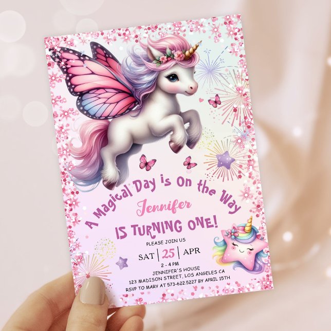 Convite Primeiro aniversario de Unicórnio, Roxo Rosa (#UnicornBirthdayInvitation #UnicornBirthdayInvitationTemplate #UnicornBirthdayInvitationEditable)