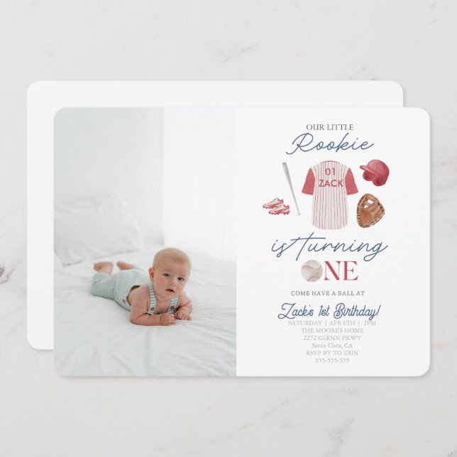 Convite Primeiro aniversario de Uniformes de Baseball Rook (Frente/Verso)