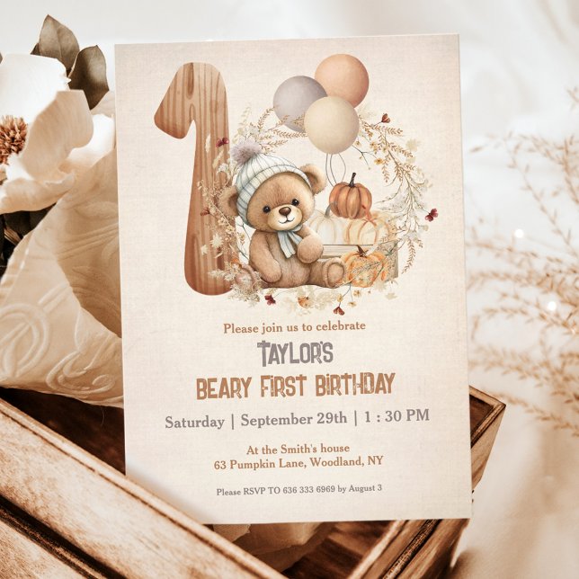 Convite Primeiro aniversario de Urso Cortado (Cute Teddy Bear Fall 1st Birthday Invitation, beary first Birthday)
