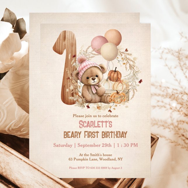 Convite Primeiro aniversario de Urso de Carro de Teddy (Teddy Bear Fall Pumpkins Girl Beary 1st Birthday Invitation)