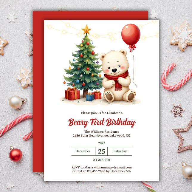 Convite Primeiro aniversario de Urso Polar Bonito de Natal (Cute Watercolor Polar Bear Christmas Beary 1st Birthday Invitation)