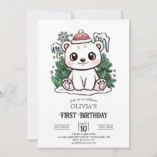 Convite Primeiro aniversario de Urso Polar de Neve Digital