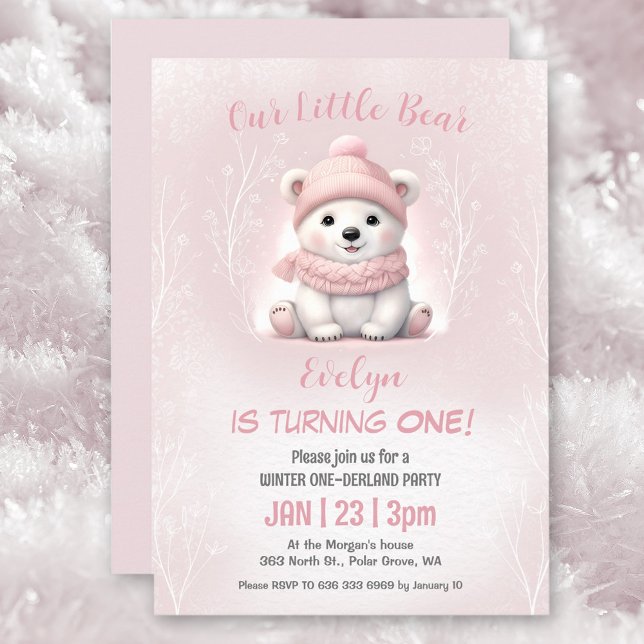 Convite Primeiro aniversario de Urso Polar Rosa, na Holand (Winter Onederland Pink Polar Bear 1st Birthday Invitation)