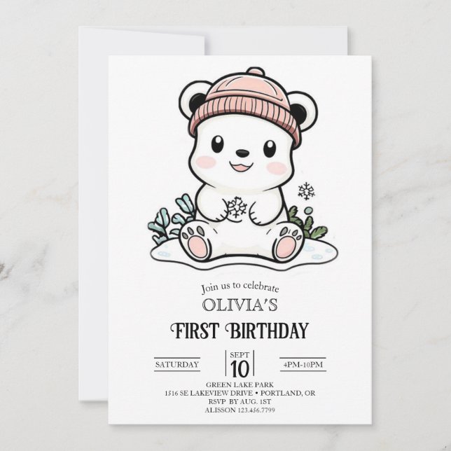 Convite Primeiro aniversario de Urso Polar Simples e Bonit (Frente)