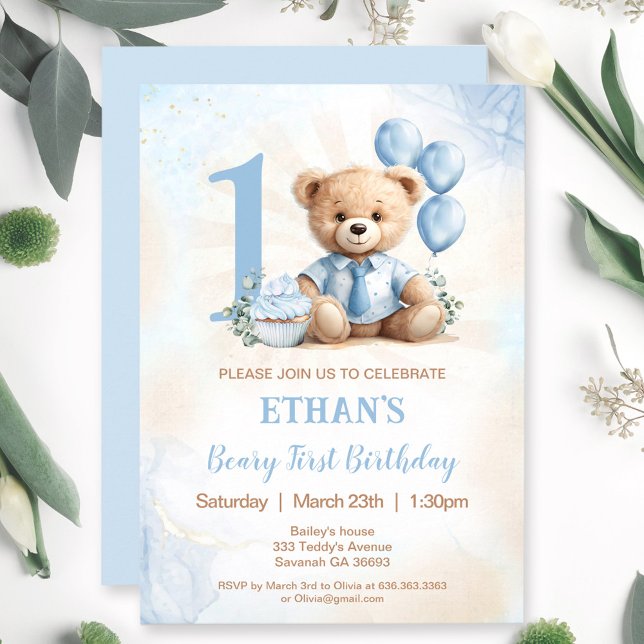 Convite Primeiro aniversario de Urso Teddy Chamada Balões  (Teddy Bear 1st Birthday Blue Balloons Invitation)