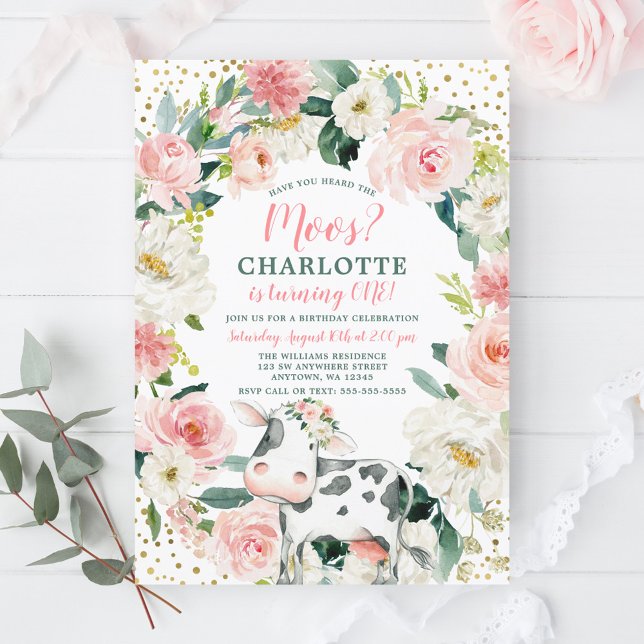 Convite Primeiro aniversario de Vaca Dourada rosa (Criador carregado)