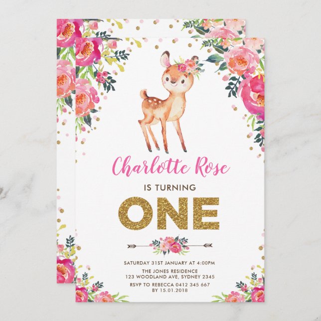 Convite Primeiro aniversario de Veado de Madeira Floral (Frente/Verso)