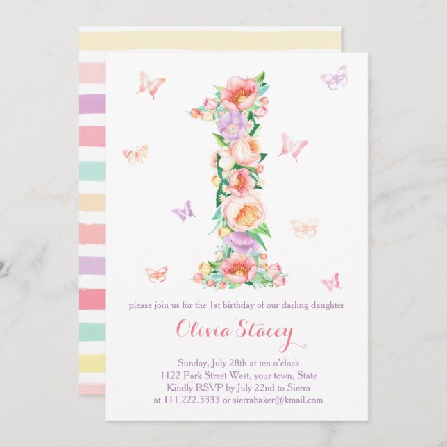 Convite Primeiro aniversario de Verão com Borboletas de Pa (Frente/Verso)