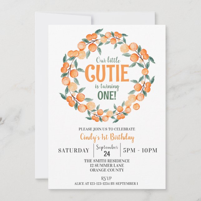 Convite Primeiro aniversario de Verão, Laranjas e Citros (Frente)